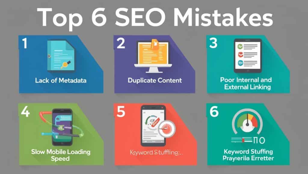 Infographic showing six common SEO mistakes made by new website owners.