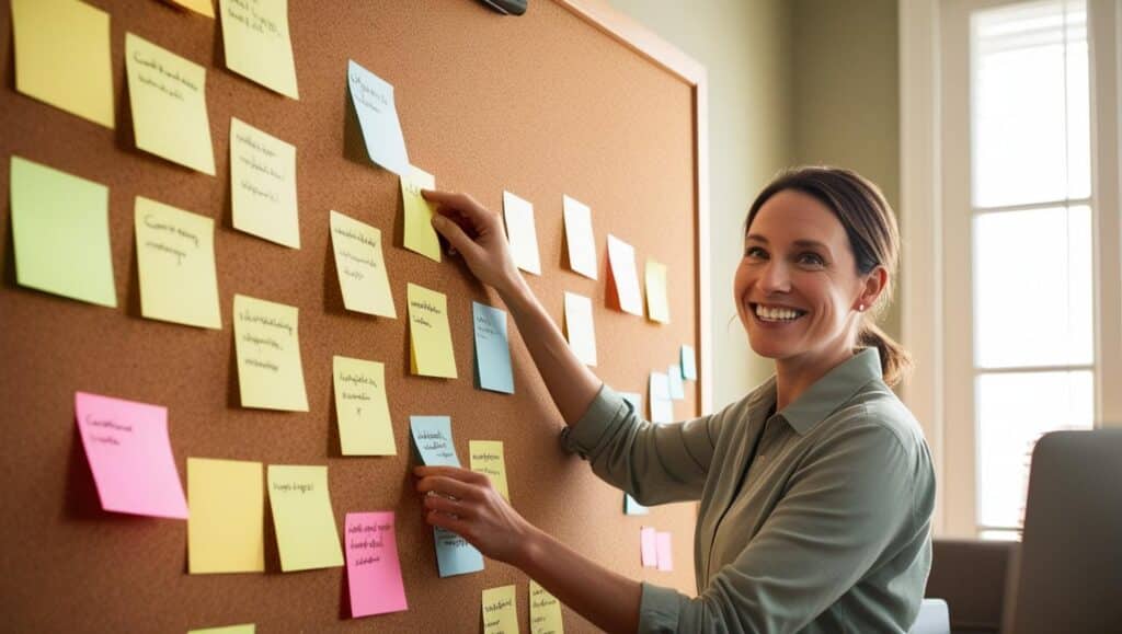 A content writer planning the keyword research and content creation planning with sticky notes.