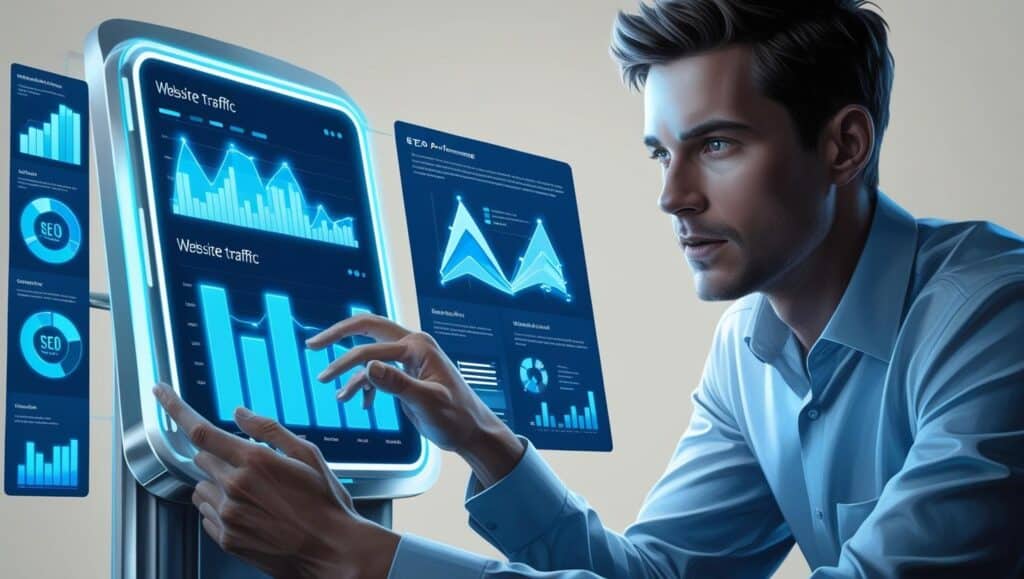Digital marketer analyzing SEO data on a futuristic interface with graphs and search engine charts-how to do an seo audit