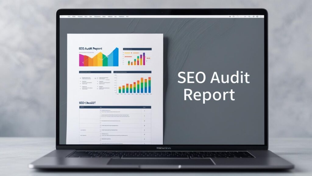 Open digital SEO audit report in PDF format showing charts, technical analysis, and checklist.
