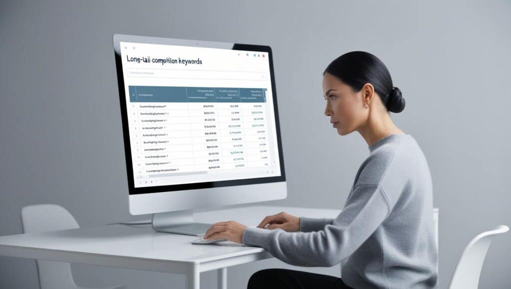 A researcher or marketer analyzing long-tail keywords on a computer screen, targeting low-competition phrases. Minimalist style.