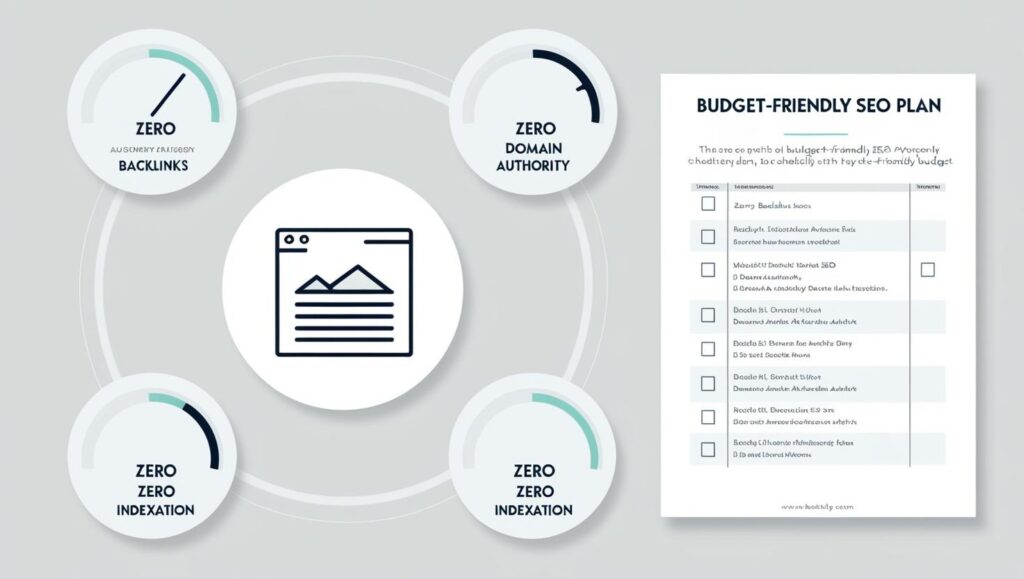 Illustration of a new website with zero SEO metrics and a checklist for affordable SEO for new websites.