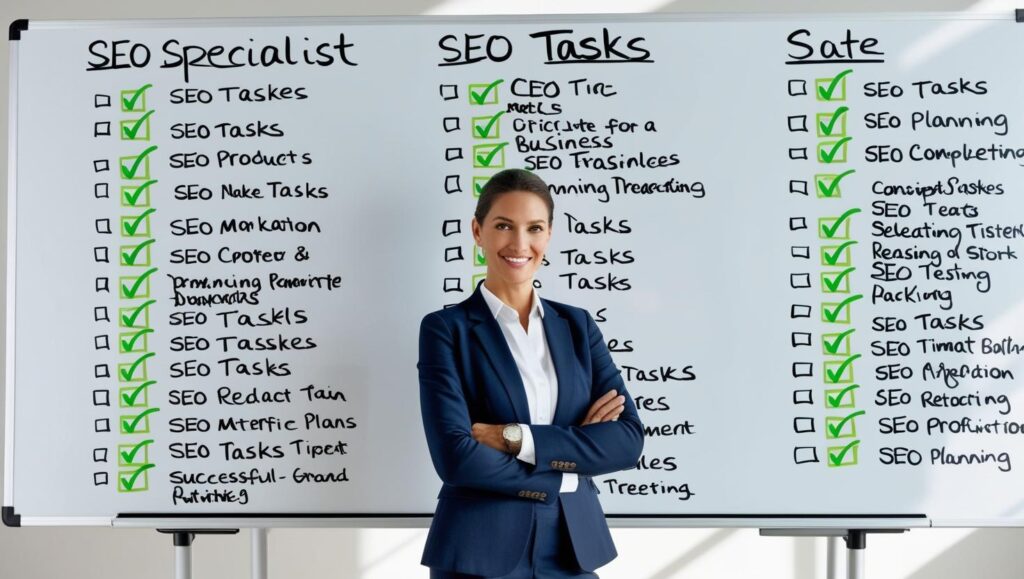 SEO expert standing beside a whiteboard with completed SEO tasks and strategy checklist.