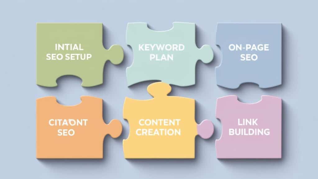 Infographic-style layout showing 6 puzzle pieces: Initial SEO Setup, Keyword Plan, On-page SEO, Content Creation, Citations, Link Building. Use soft, flat design.