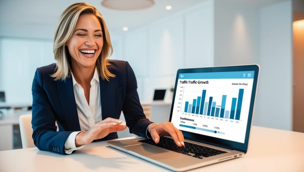 Happy small business owner after partnering with a professional SEO agency and seeing business growth