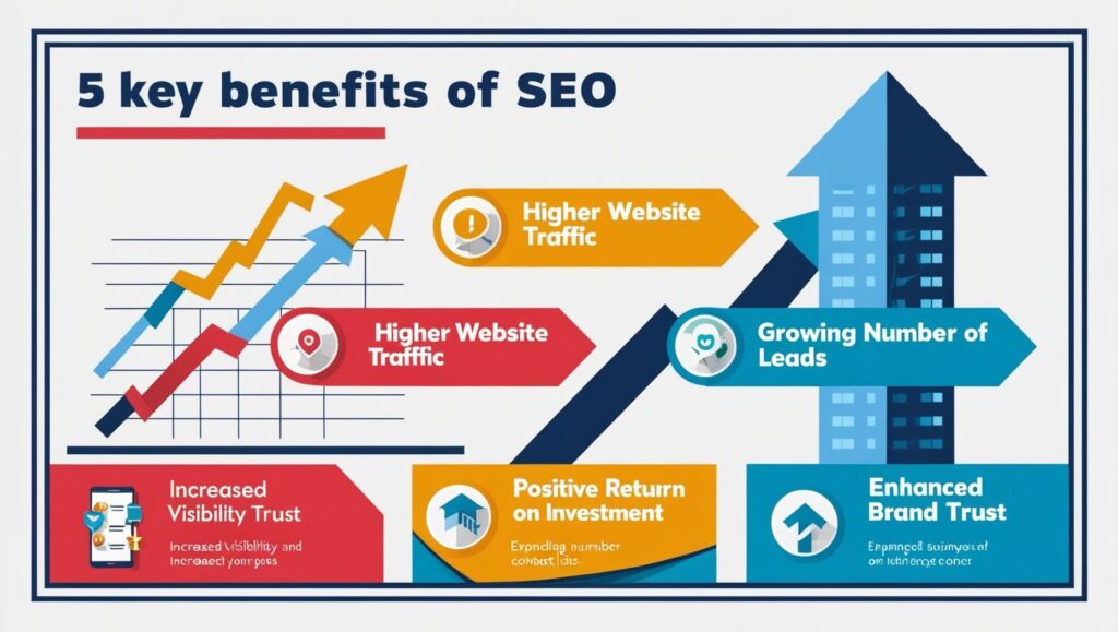 Infographic showing key SEO benefits for small businesses including increased visibility, leads, and ROI