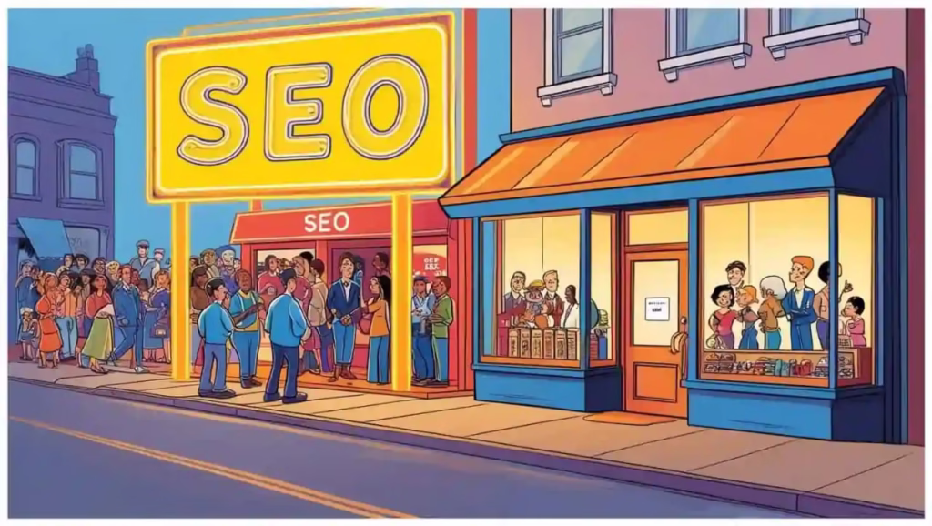 Visual metaphor showing why SEO is essential from day one—a store with no sign vs. a store attracting visitors with SEO.