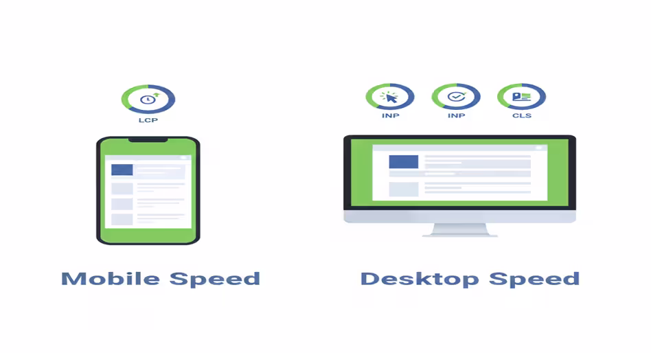 Illustration showing mobile-friendly website design and Core Web Vitals performance metrics.