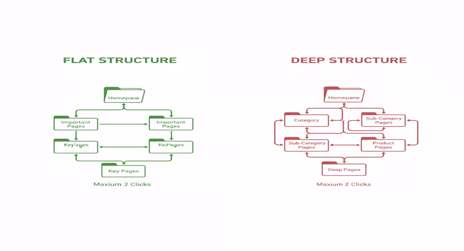 Diagram comparing flat and deep website structures for better crawlability and SEO.