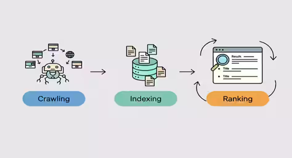 Flowchart illustrating crawling, indexing, and ranking in search engines, explaining how search engines work for beginners