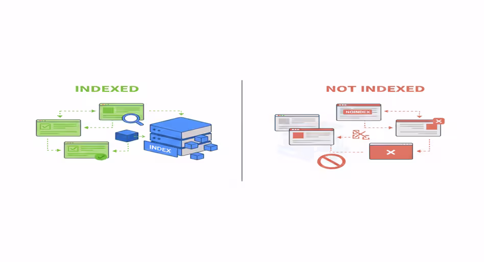 Visual comparison of indexed and non-indexed pages showing how indexability affects SEO.