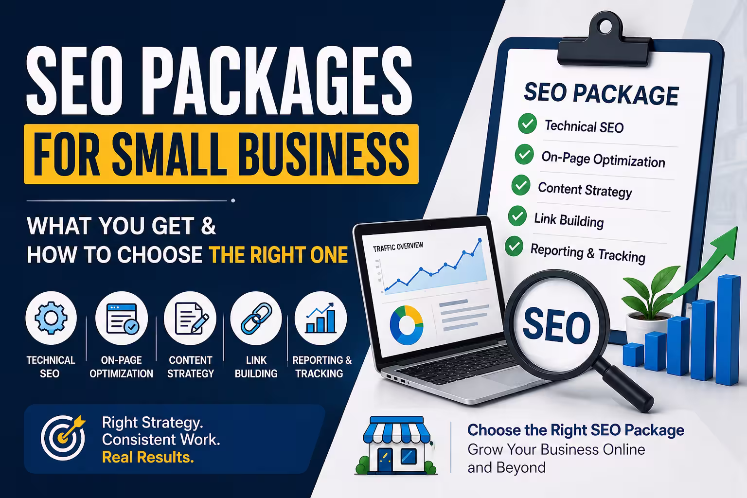 SEO packages for small business visual guide with checklist of services including technical SEO, content strategy, and reporting