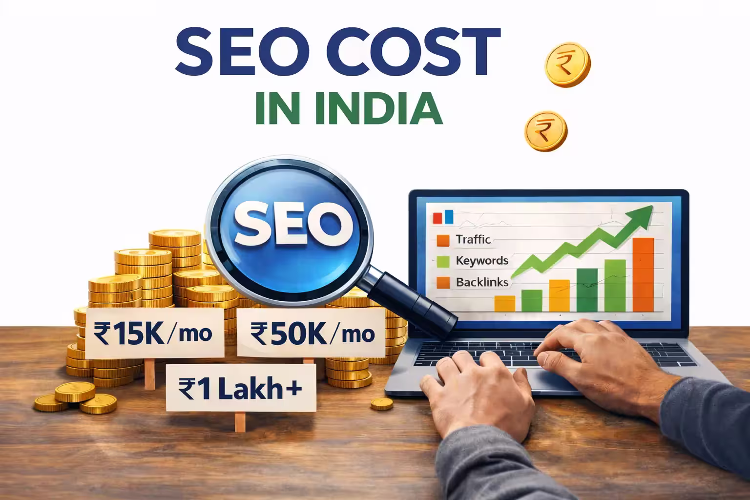 SEO cost in India showing pricing ranges for small businesses with monthly packages, SEO charges, and growth analytics dashboard
