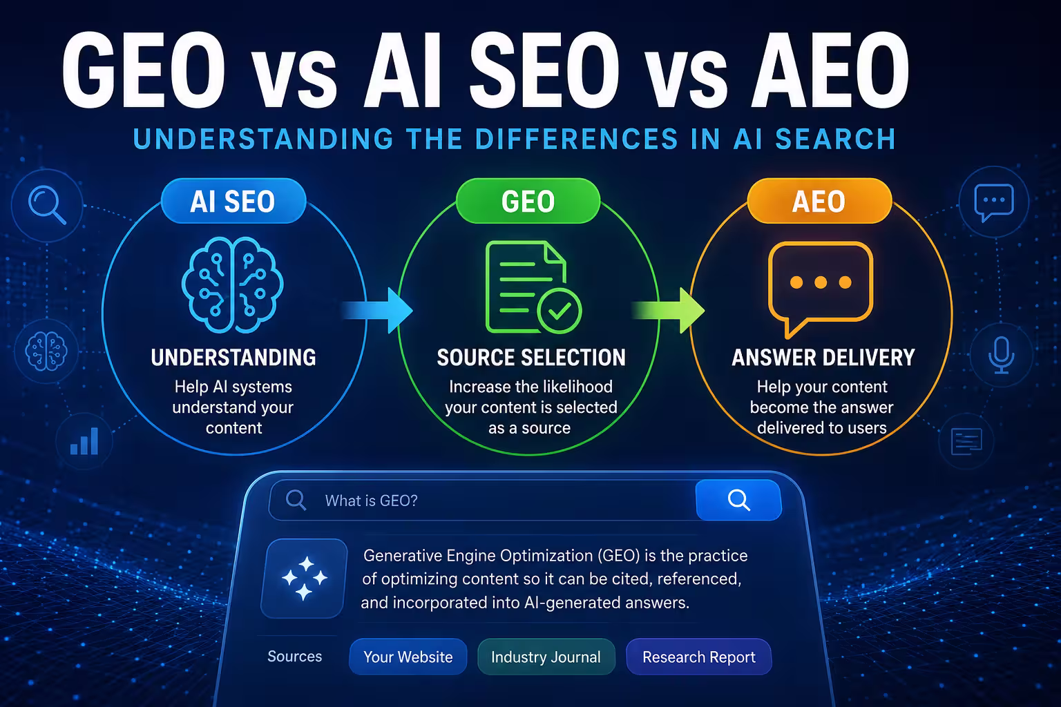 GEO vs AI SEO vs AEO comparison infographic showing understanding, source selection, and answer delivery in AI-powered search.