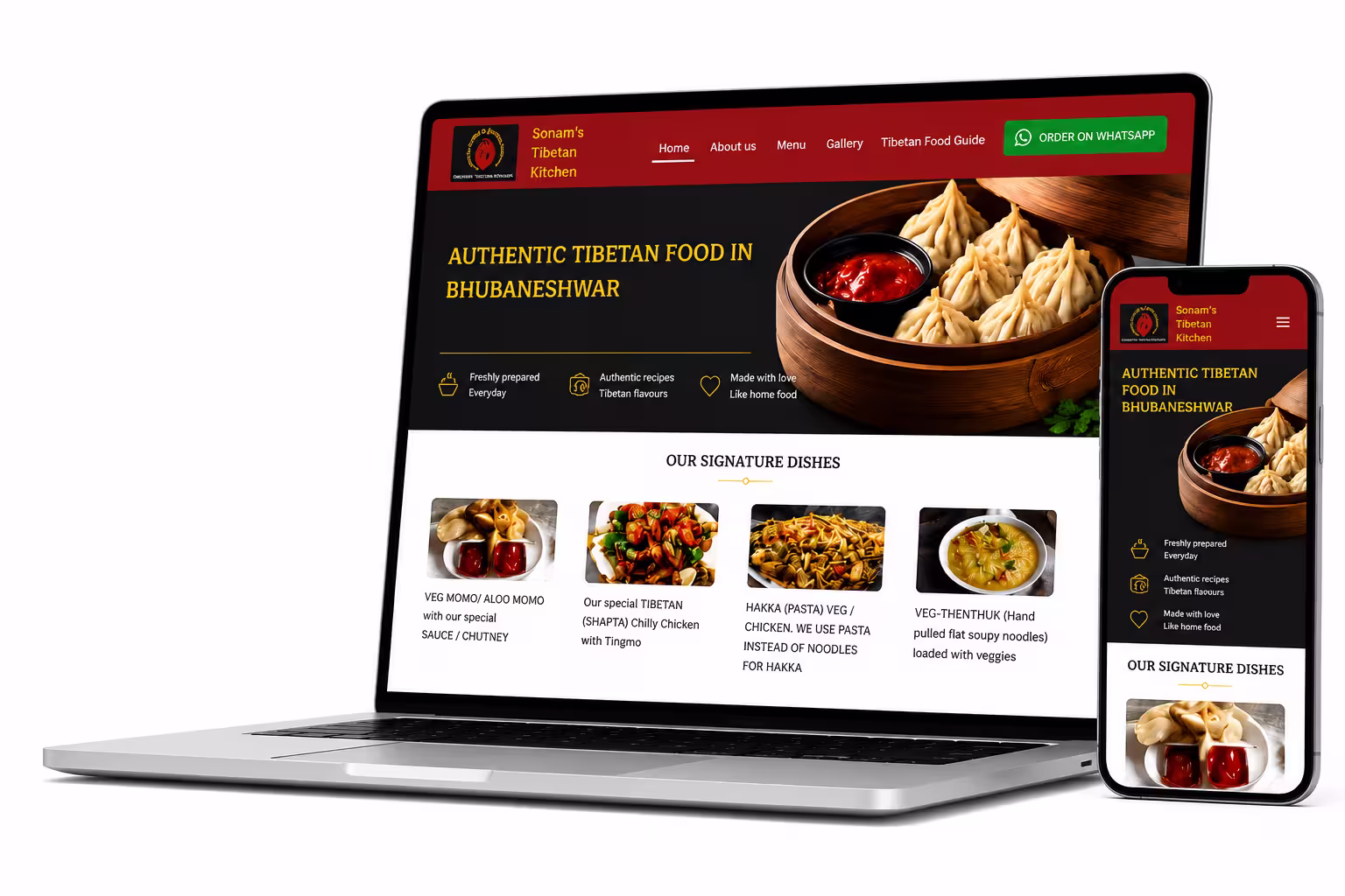 Desktop and mobile view of Sonam's Tibetan Kitchen website showcasing responsive web design for a Tibetan restaurant.