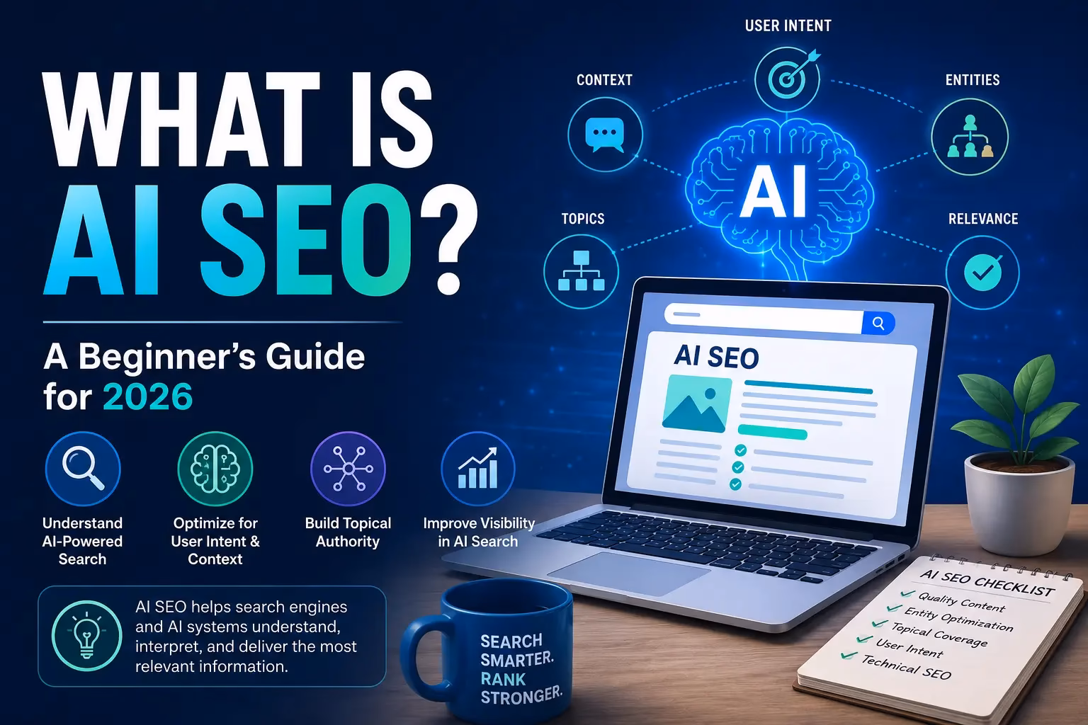 What is AI SEO infographic explaining AI-powered search, entity SEO, user intent, and topical authority